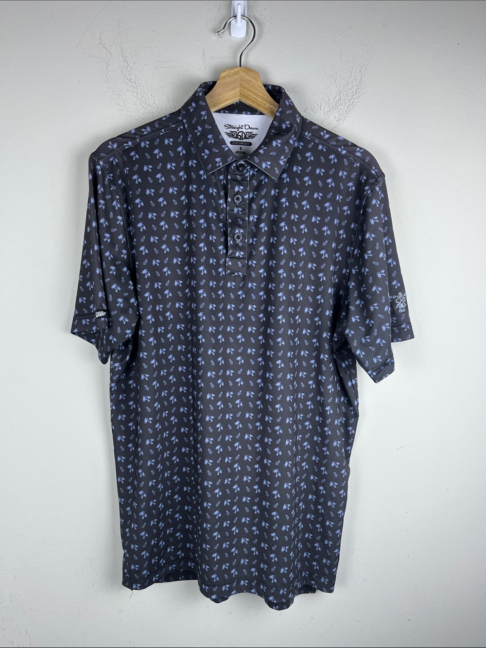 Straight Down Men's Small Black Blue Palm Tree Performance Golf Polo Shirt